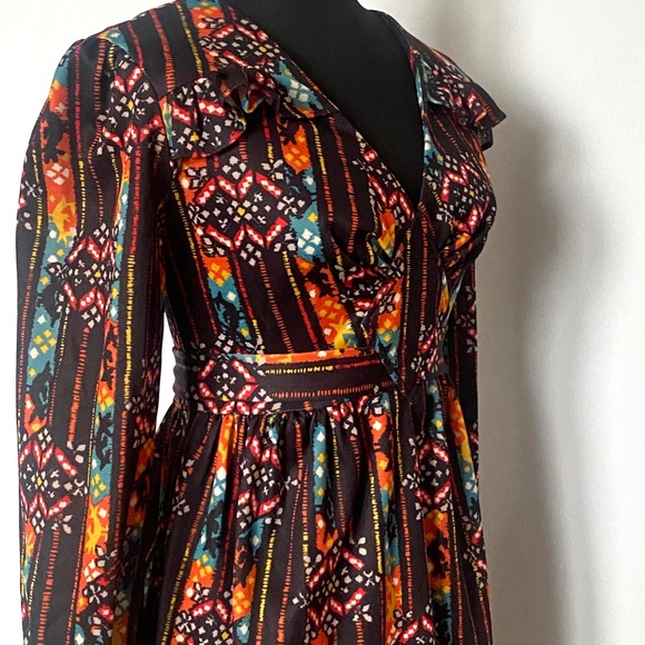 70s Dress Empire Waist Belt Tie Midi Poly Floral Pattern Puff Sleeve V Neck - Picture 6 of 9